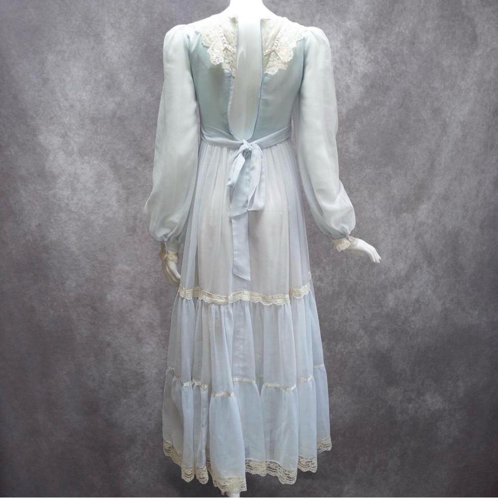 Vintage 70s Gunne Sax Baby Blue Chiffon Prairie Maxi Dress, ~24” waist - Picture 3 of 12